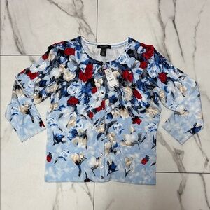 White House Black Market Floral Button Down Sweater - Blue, Red, White Large
